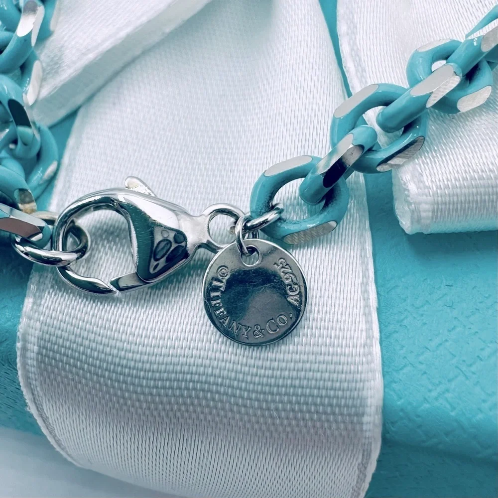RARE Tiffany & Co. Blue Enamel Sparkle Chain Bracelet Sterling Silver with Case